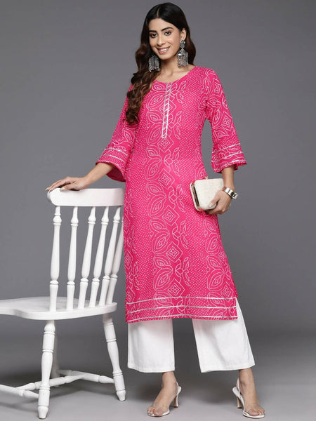 Ahalyaa Women Beige Floral Printed Regular Gotta Patti Kurta - Pink