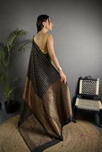 Joban Fashion Black Banarasi Soft Lichi Silk Checks & Woven Saree - Distacart