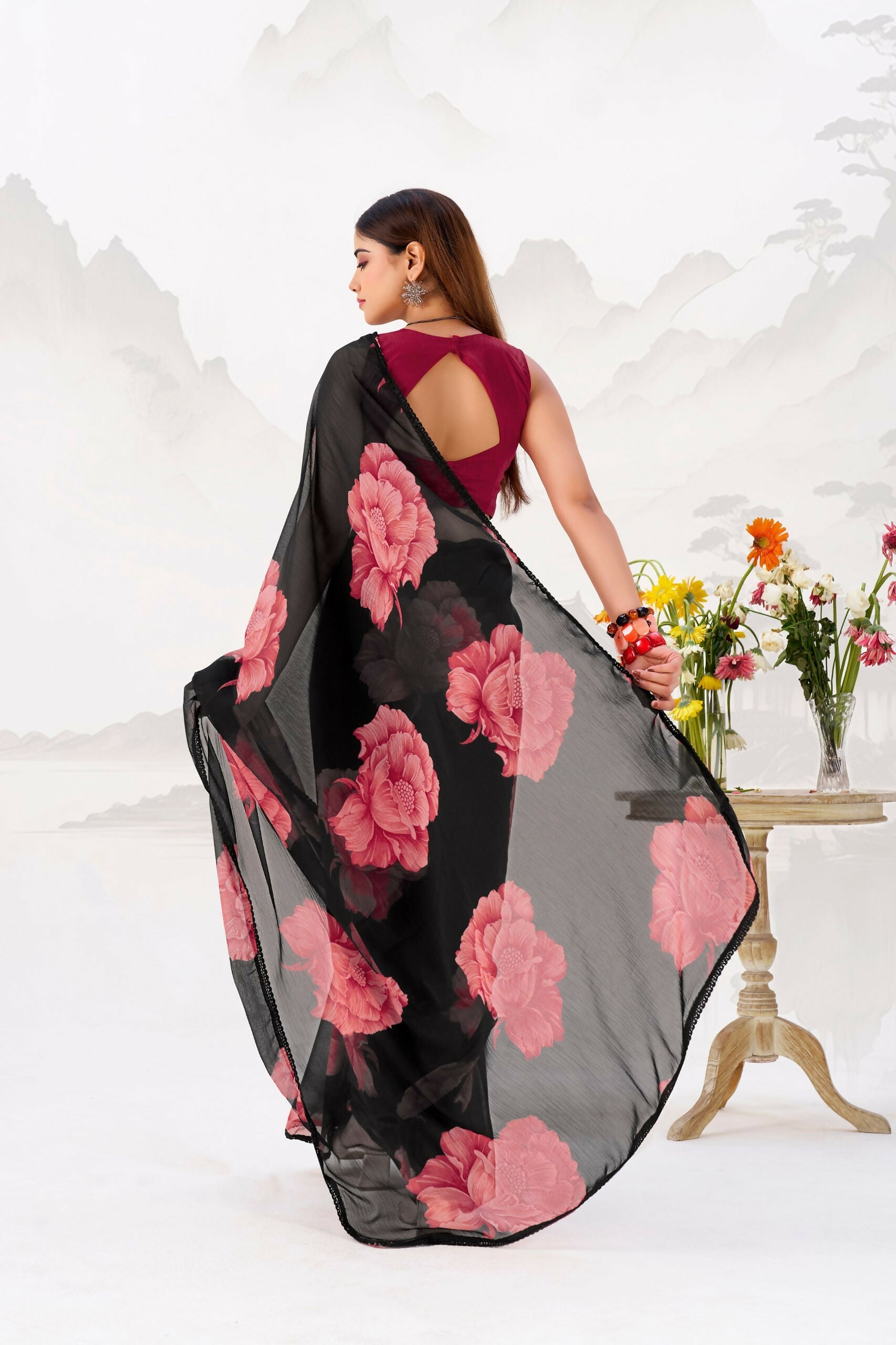 Vastranavya Black Floral Print with Lace Border work Chiffon Saree & Unstitched Blouse - Distacart