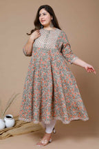 Miravan Women's Plus Size Camel Brown Gotta Patti Pure Cotton Anarkali Kurta