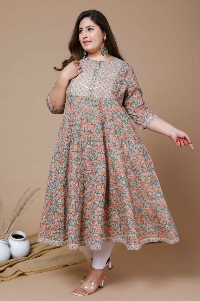 Miravan Women's Plus Size Camel Brown Gotta Patti Pure Cotton Anarkali Kurta