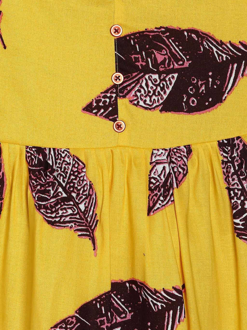 Manet Girls Cotton String Tie Frock Brown Leaf Printed - Yellow