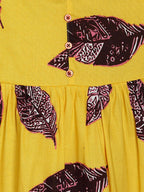 Manet Girls Cotton String Tie Frock Brown Leaf Printed - Yellow