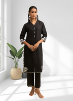 Joban Fashion Black Linen Embroidered Readymade Long Kurta With Pant - Distacart