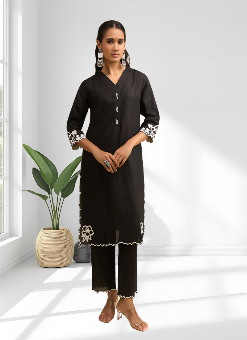 Joban Fashion Black Linen Embroidered Readymade Long Kurta With Pant - Distacart