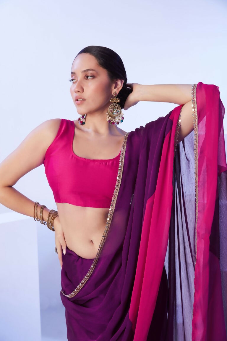 Purple Satin Moss Solid Designer & Lace Work Saree - Samaa