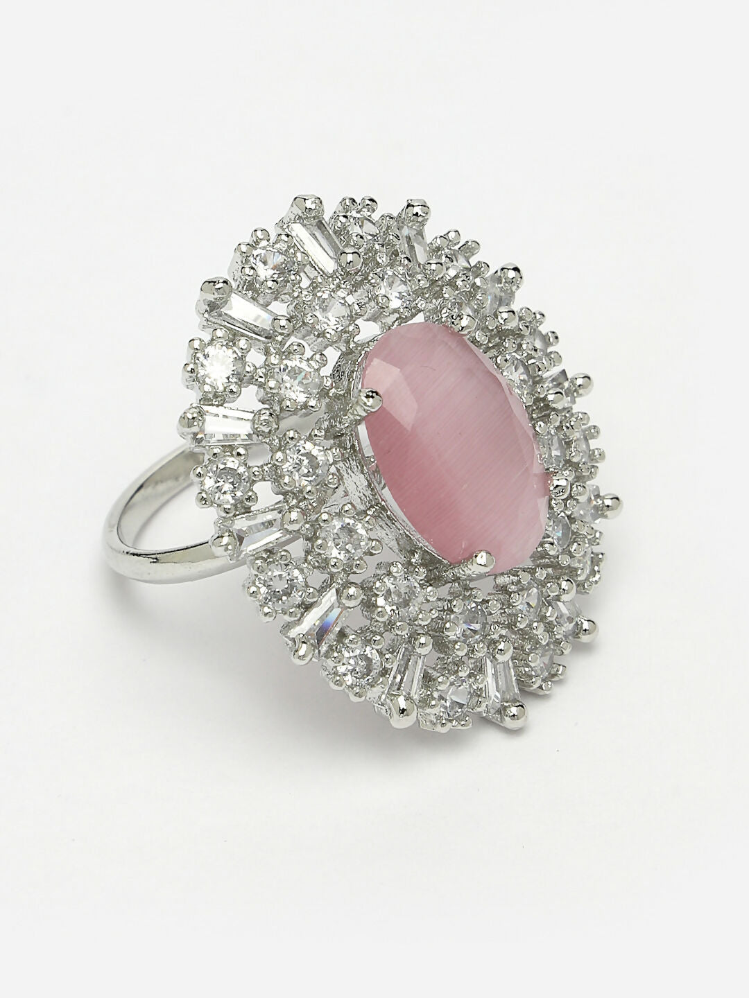 NVR Women's Pink & Silver CZ-Studded Handcrafted Adjustable Finger Ring