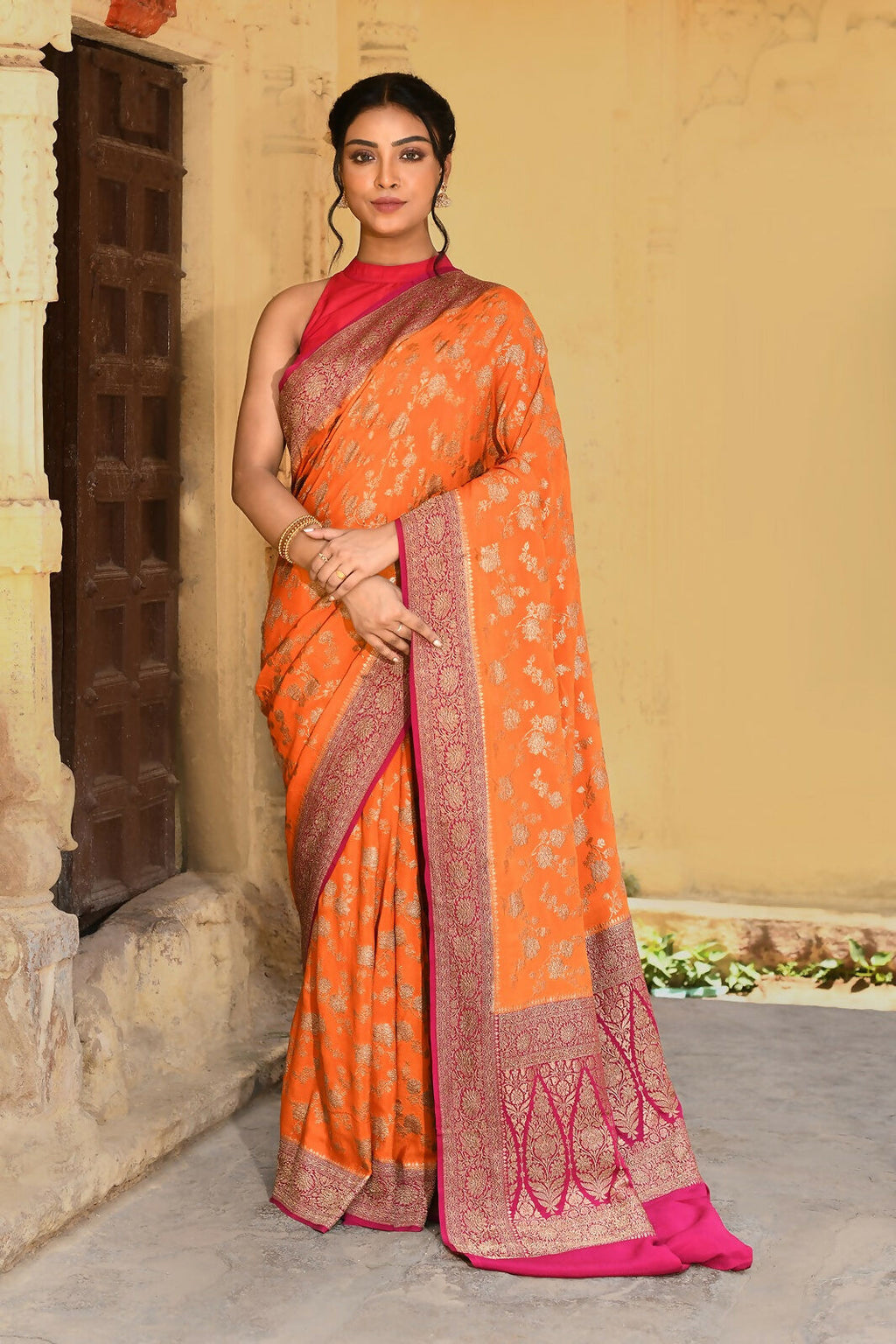 Joban Fashion Orange Crepe Chiffon Pure Handloom Banarasi Silk Saree