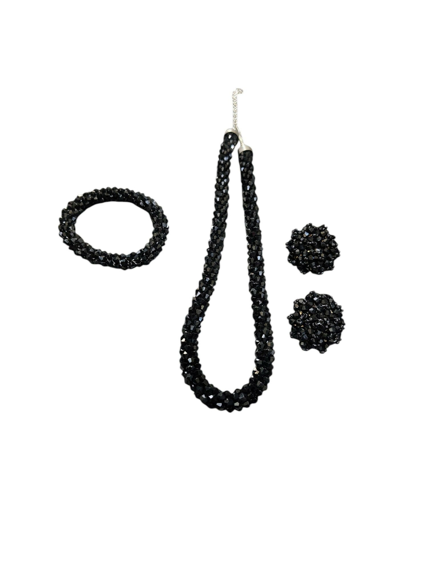 Inhanns Complete Look Crystal Statement 3-Piece Set (Adjustable Necklace + Earrings + Adjustable Bangle ) - Black
