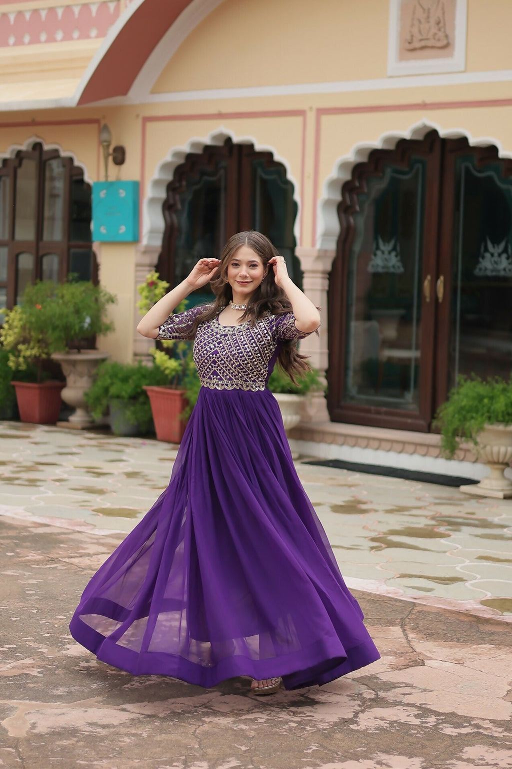 Joban Fashion Purple Georgette Sequence Embroidery Work Gown - Distacart