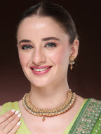 NVR Women's Gold-Polished Green Stone Studded Handcrafted Temple Jewellery Set
