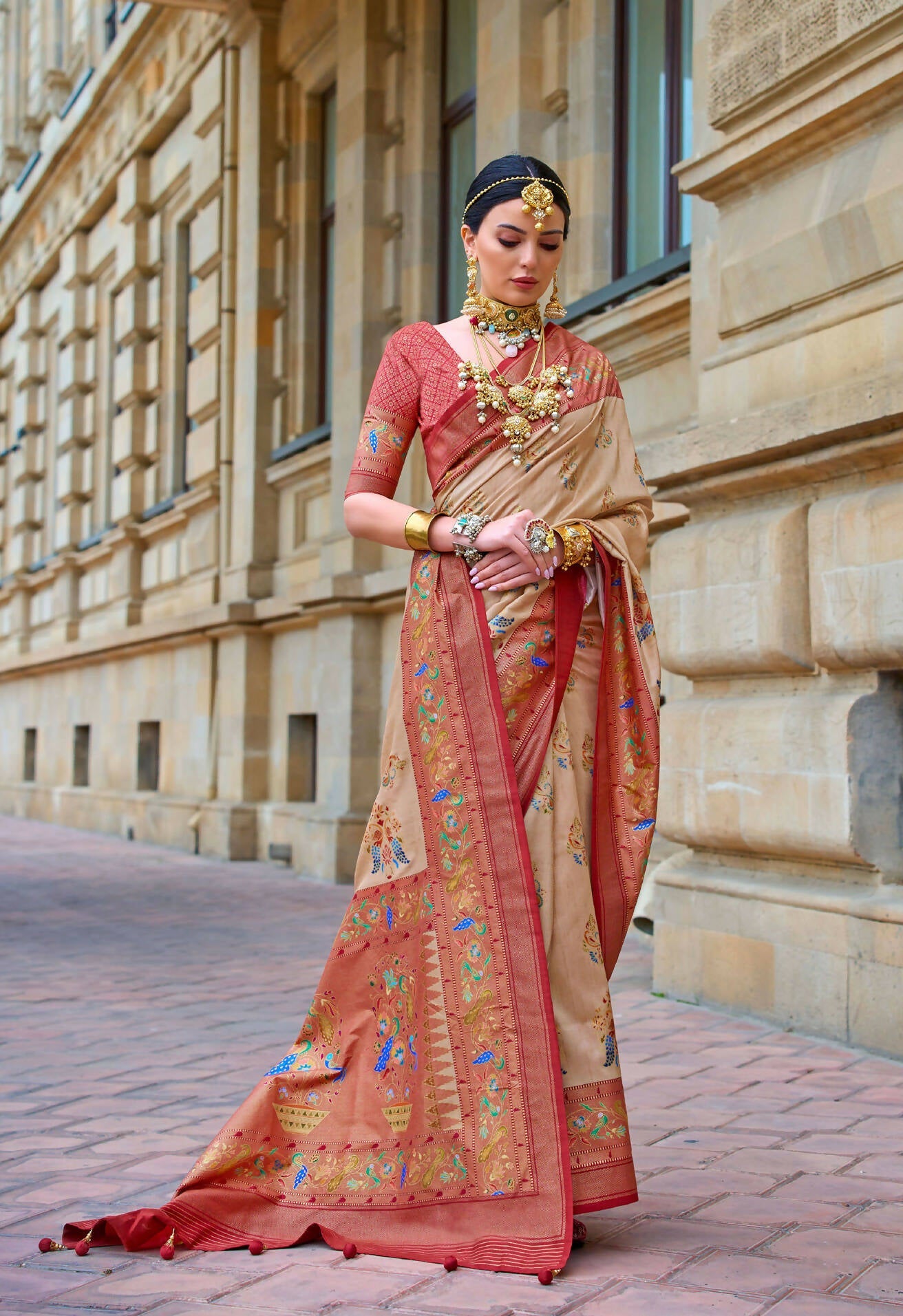Dirt Brown Superior V.P.Silk Woven Printed Patola Silk Saree - Rewaa Milano