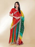 Green Georgette Bandhani Printed,Embroidery Work Saree - Bandhan