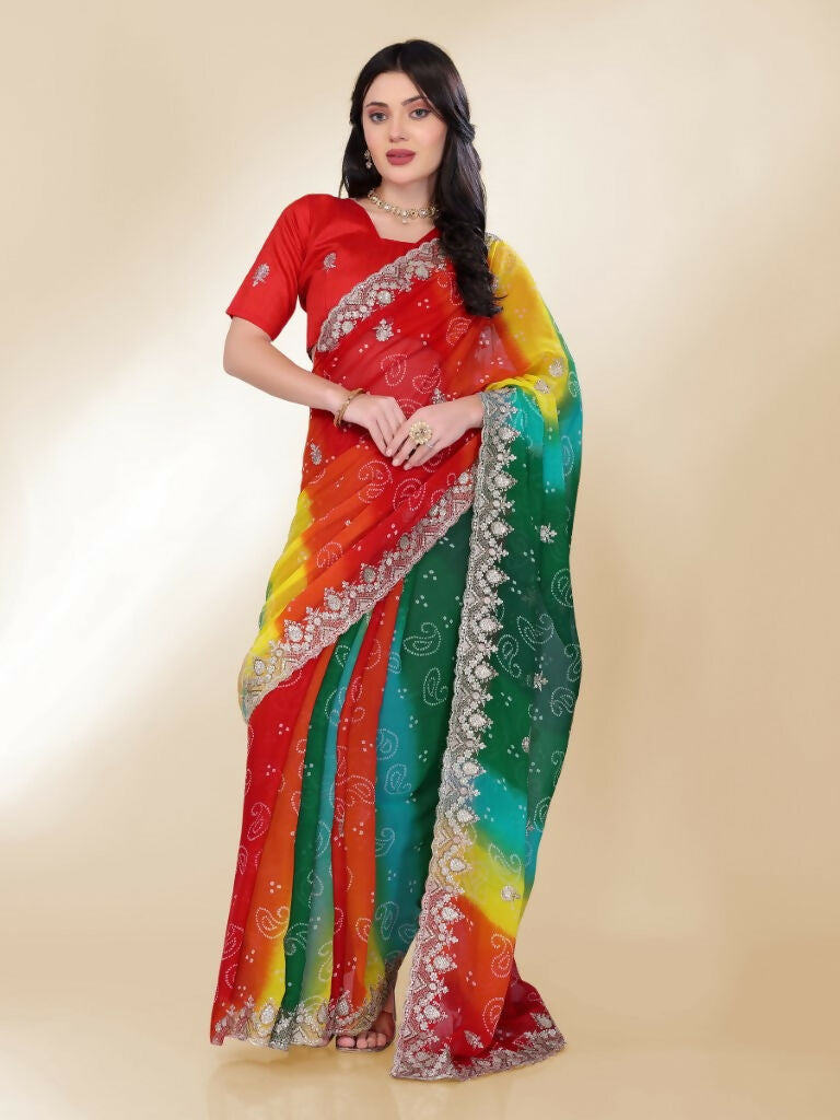 Green Georgette Bandhani Printed,Embroidery Work Saree - Bandhan