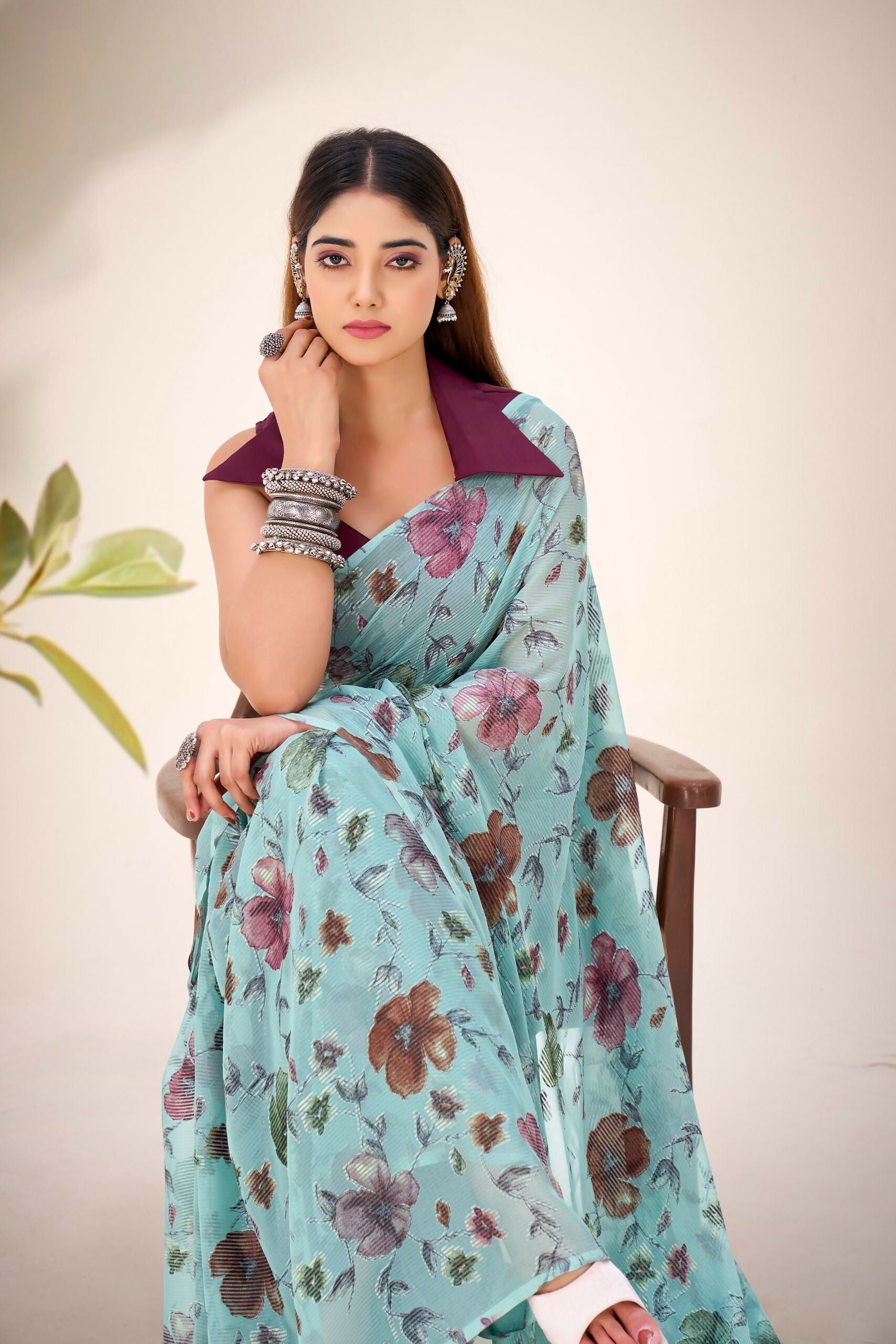 Vastranavya Sea Green Lurex Brasso Floral Printed Saree with Unstitched Blouse - Distacart