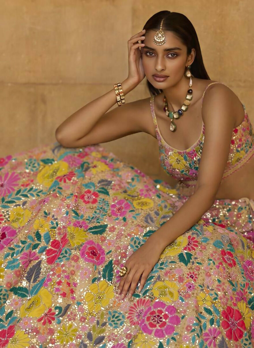 Jyoti Fashion Multicolor Thread & 5mm Sequence Embroidery Georgette Lehenga Choli with Dupatta