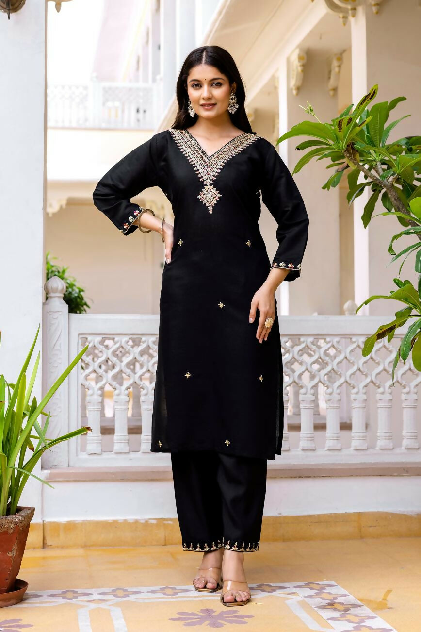 The52 Black Women's Beautiful Viscose Chanderi Fabric Embroidered Work Straight Kurta Pant and Dupatta Set - Distacart