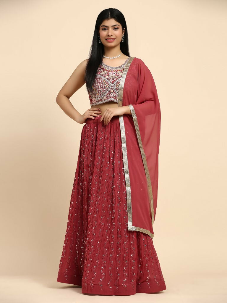 Red Georgette Embroidered Lehenga choli with Dupatta - Dhara