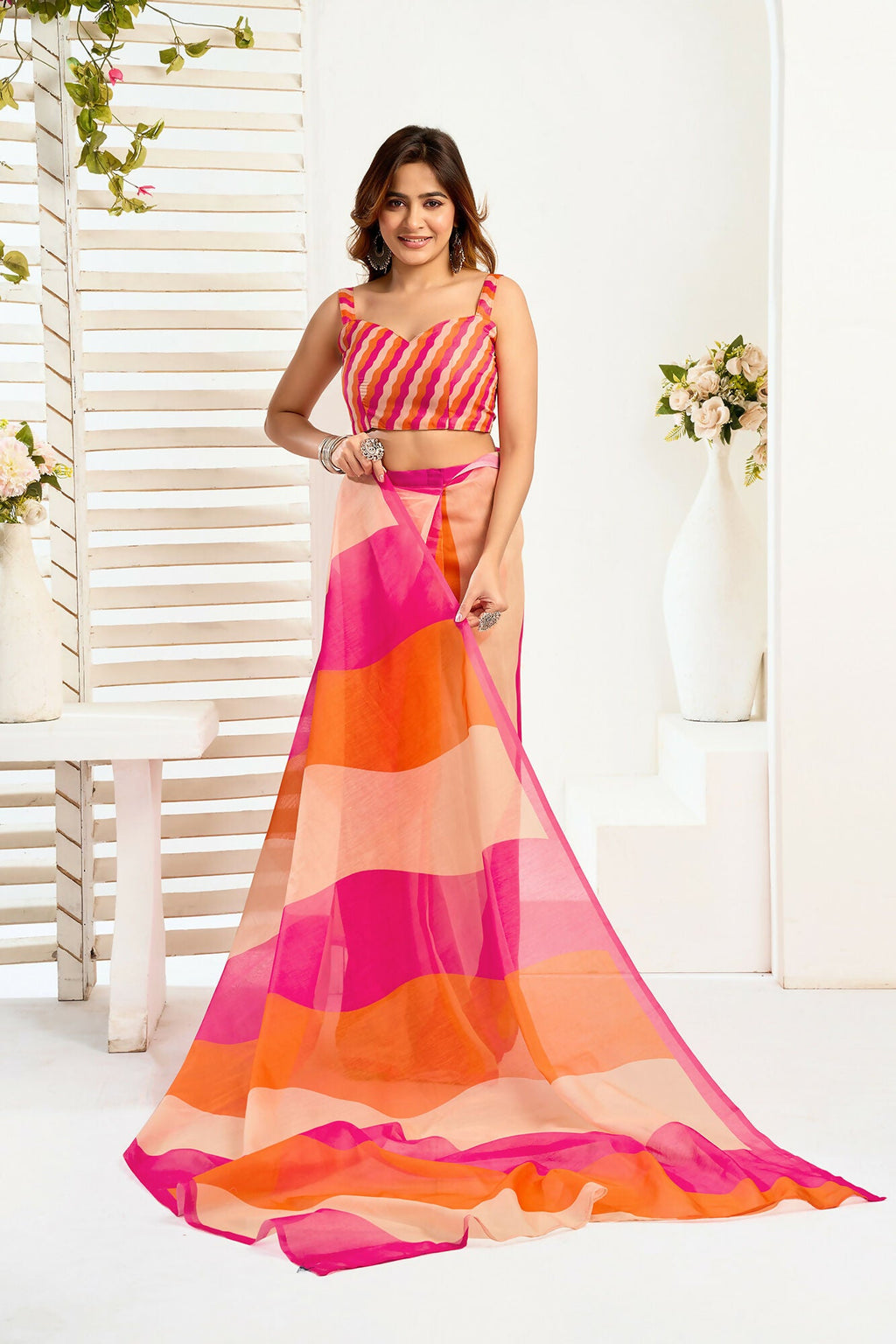 Vastranavya Multicolor Digital Printed Linen Ready To Wear Designer Saree with Unstitched Blouse - Distacart