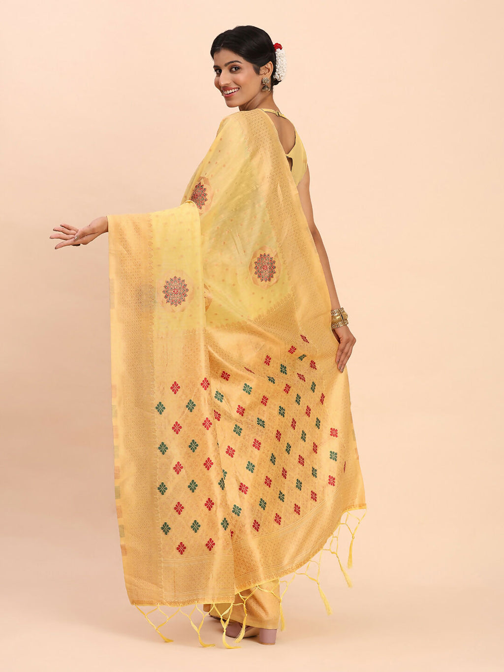 Shree Shyam Fashion Linen Cotton Yellow Saree - Distacart