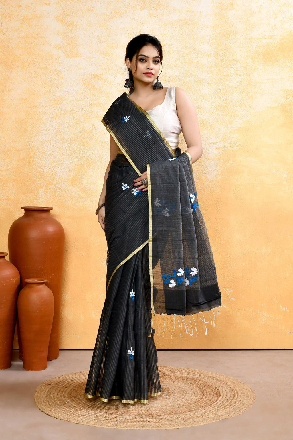 Piyari Fashion Women's Grey Embellished Cotton Blend Embroidery Saree - Distacart