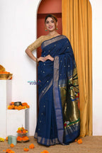 Very Much Indian Handloom Pure Cotton Paithani Saree- Royal Blue - Distacart