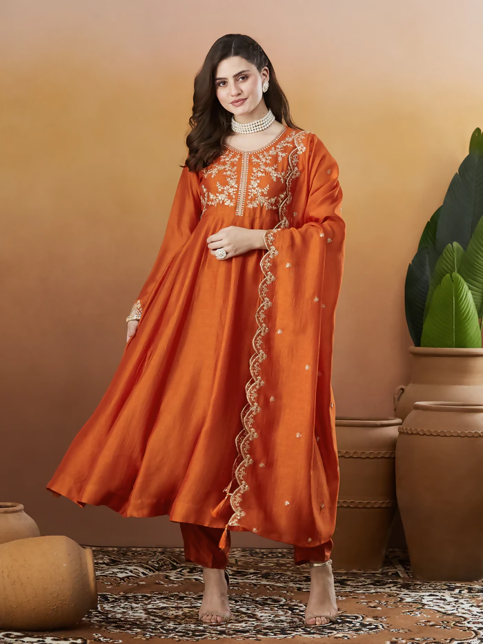 The52 Orange Women's Beautiful Vichitra Silk Fabric Embroidered Work Flared Anarkali Pant and Dupatta Set - Distacart