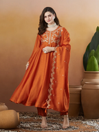 The52 Orange Women's Beautiful Vichitra Silk Fabric Embroidered Work Flared Anarkali Pant and Dupatta Set - Distacart