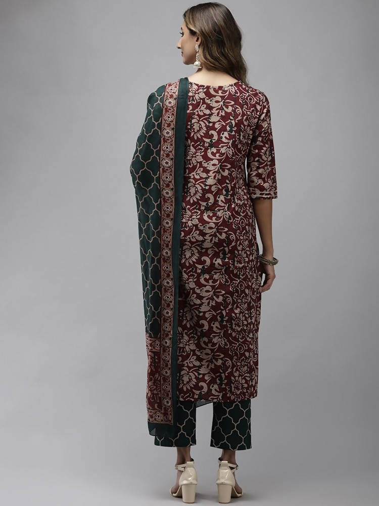 Yufta Women Mauve & Green Ethnic Motifs Printed Sequined Cotton Kurta Set & Dupatta