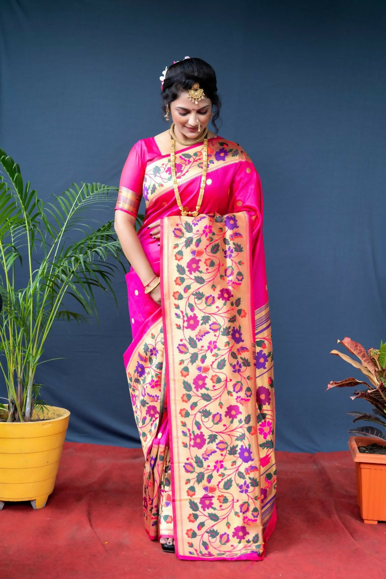 Jyoti Fashion Women's Pink Paithani Silk Zari Woven Saree with Blouse