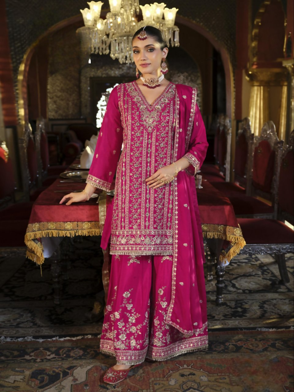 Anaita Rani-Pink Heavy Chinon Readymade Palazzo Suit with Heavy Embroidery Work - Distacart