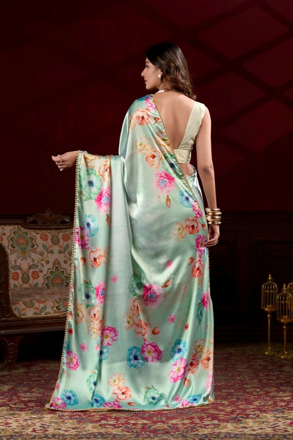 Vastranavya Pista Satin Silk Floral Printed with Pearl Lace Saree with Unstitched Blouse - Distacart