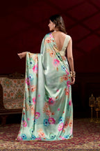 Vastranavya Pista Satin Silk Floral Printed with Pearl Lace Saree with Unstitched Blouse - Distacart