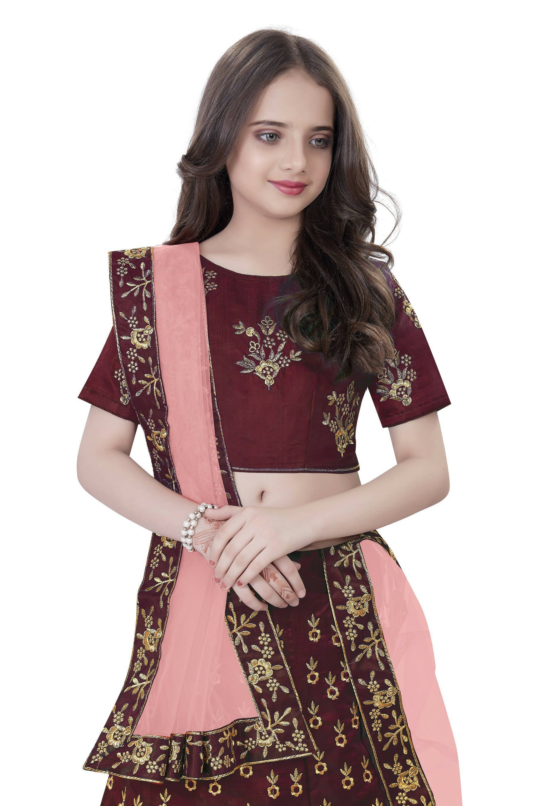 Dwiden Maroon Baby Doll Tafetta Sattin Semi-Stitched Girl's Lehenga Choli