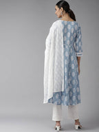 Yufta Blue & White A-Line Dupatta Set