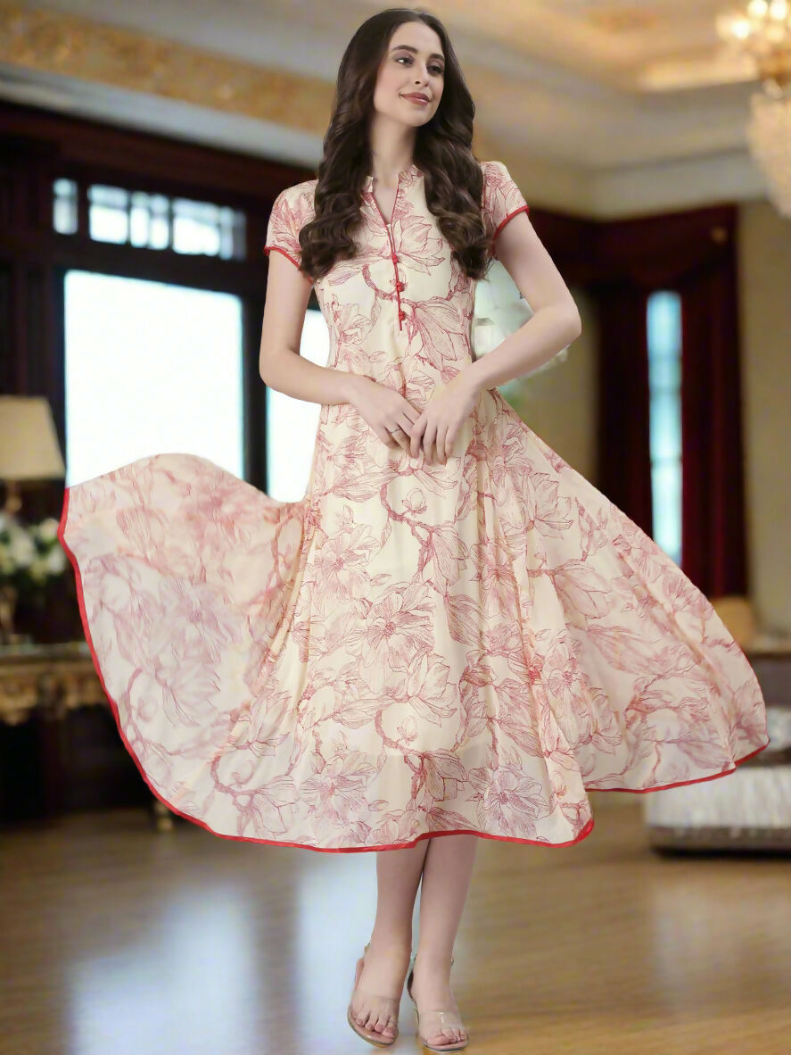Souchii Floral Tiered Midi Dress For Women – Elegant Beige Button-Front A-Line