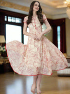 Souchii Floral Tiered Midi Dress For Women – Elegant Beige Button-Front A-Line