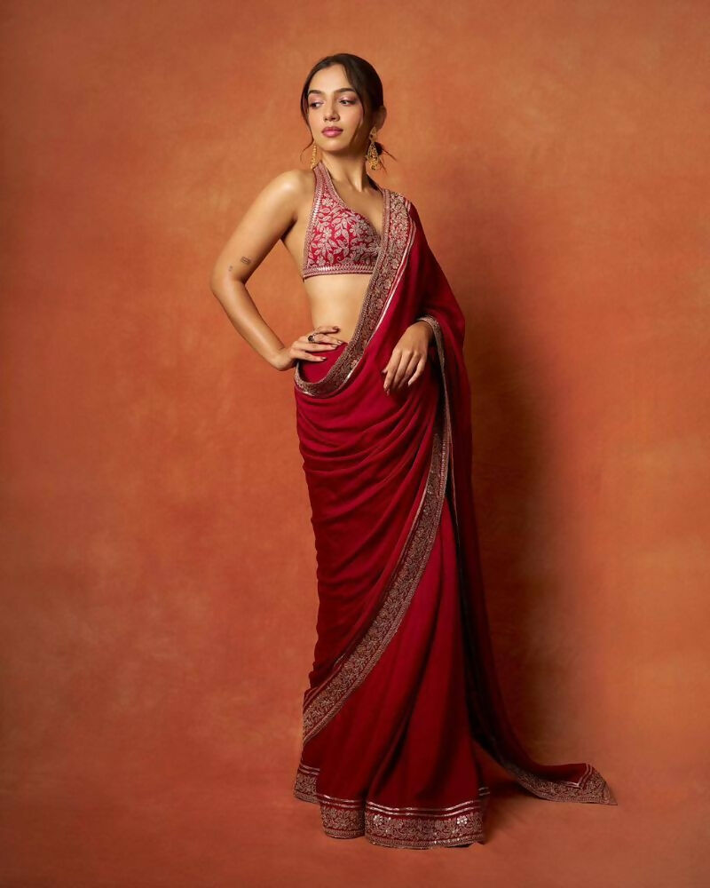 Joban Fashion Red Fandy Satin Silk Party Wear Sarees - Distacart