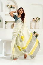 Joban Fashion Off-White Striped Linen Ready To Wear Saree With Unstitched Blouse - Distacart