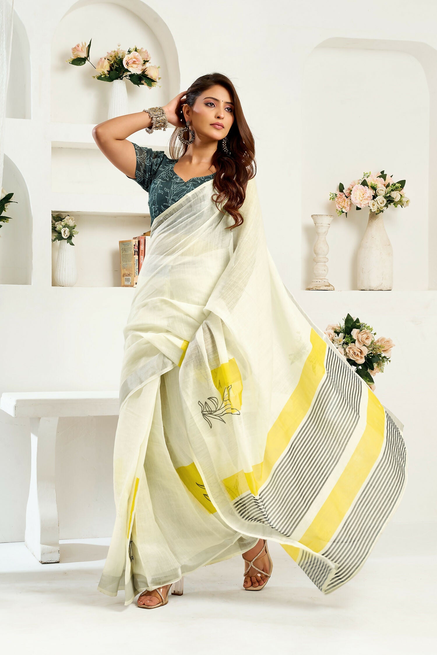 Joban Fashion Off-White Striped Linen Ready To Wear Saree With Unstitched Blouse - Distacart