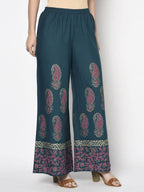 Aniyah Rayon Teal Blue Color Block Print Flared Slip-On Palazzo (AN-222K)