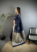 Joban Fashion Navy Blue Floral Jacquard Woven Design Cotton Silk Banarasi Silk Saree - Distacart