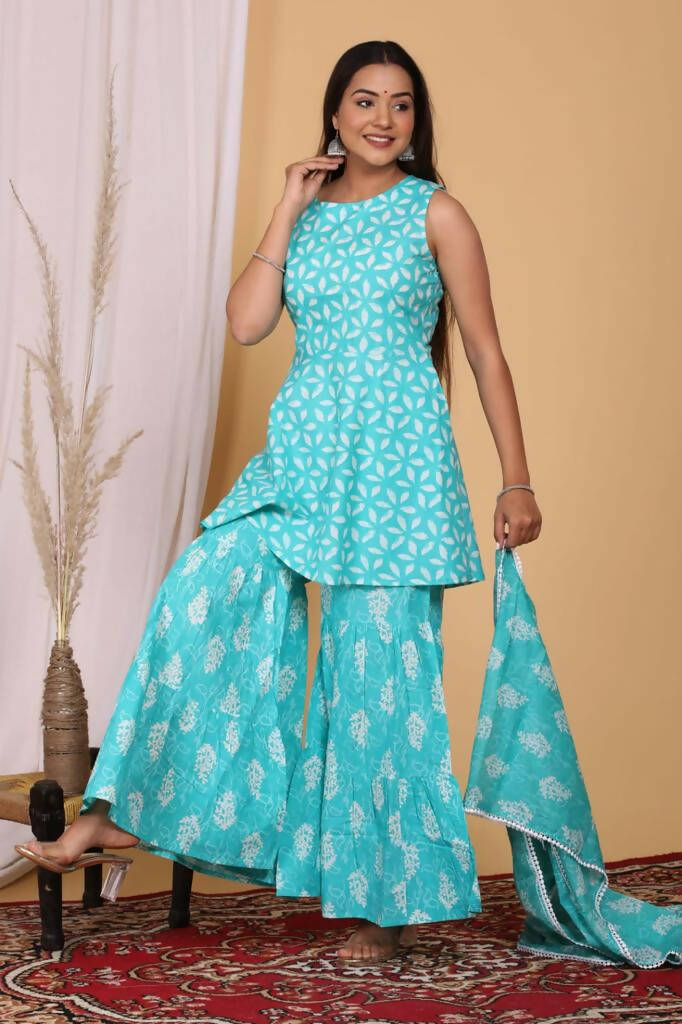 Vamika Women Printed Cotton Sky Blue Party Wear/Casual Wear Kurta Set/Suit - Distacart