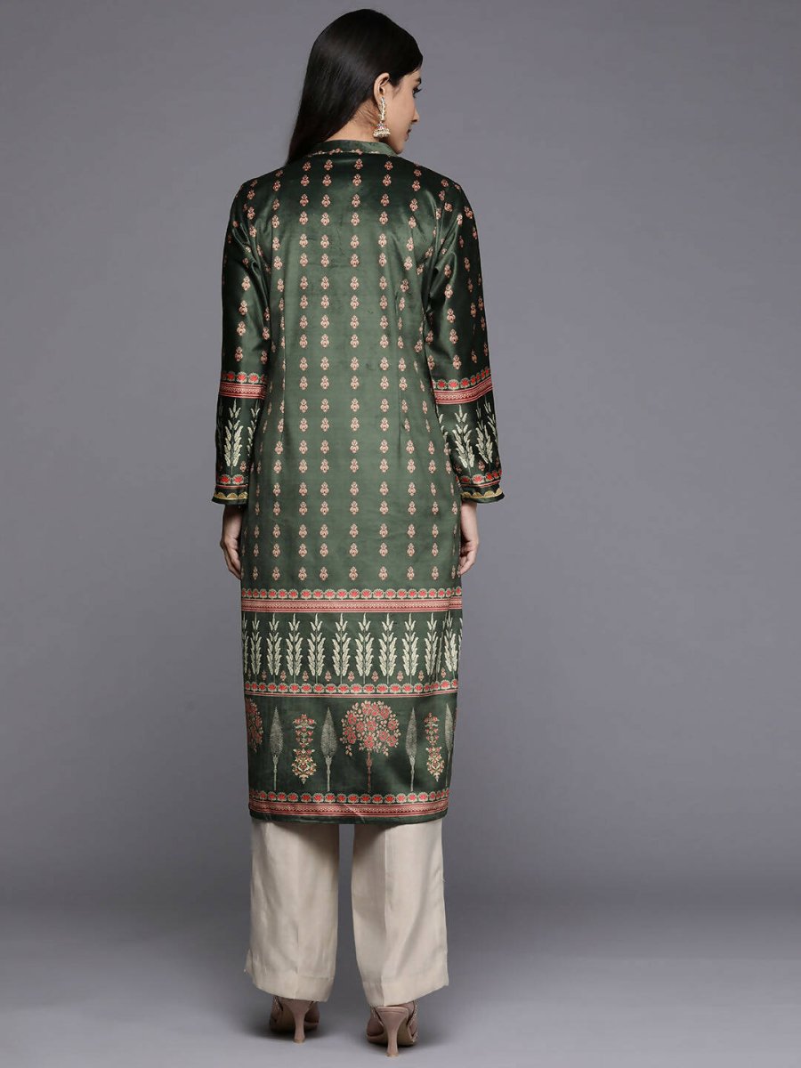 Ahalyaa Women Green & Pink Ethnic Motifs Printed Gotta Patti Velvet Kurta - Distacart
