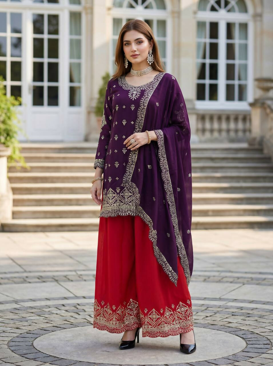 Teeya Creation Wine Chinon Silk Embroidery Work Party Wear Palazzo Pair - Distacart