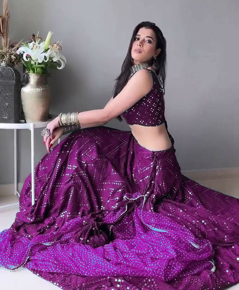 Jyoti Fashion Wine Thread Embroidery Faux Georgette Designer Lehenga Choli with Dupatta