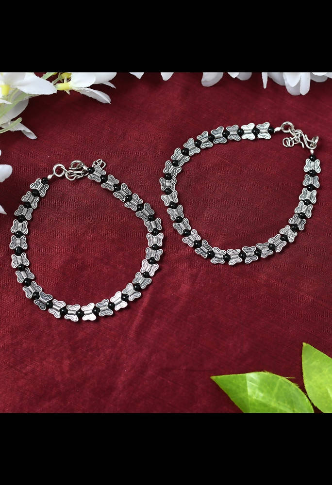 Mominos Fashion Kamal Johar Oxidised Silver Butterfly Anklets
