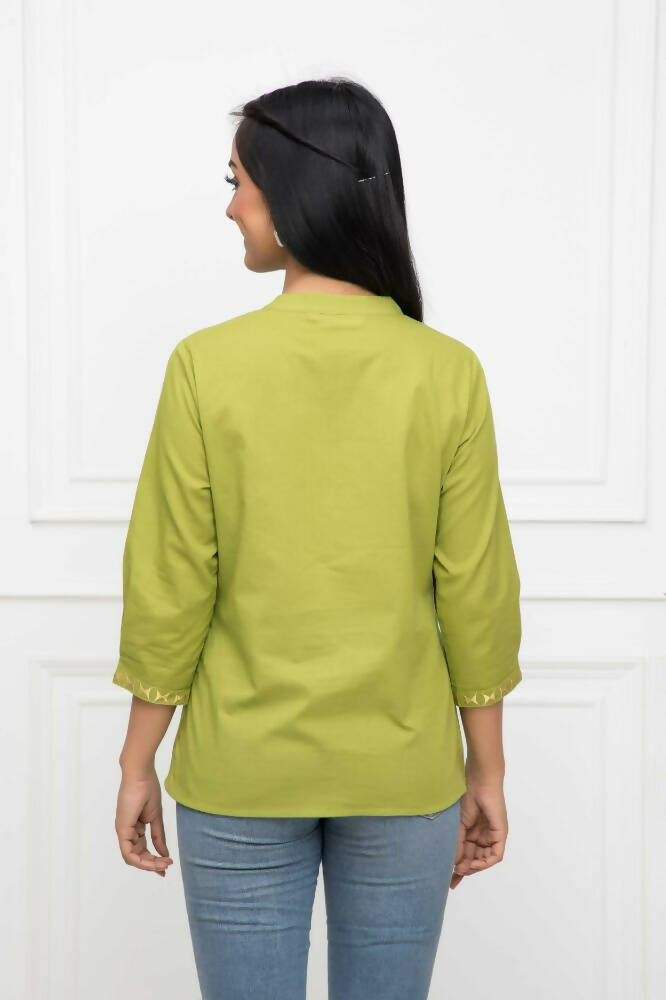 Myshka Women Green Solid Mandarin Collar Regular Sleeves Pure Cotton Top - Distacart