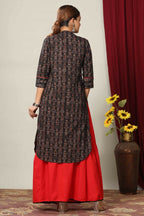 Miravan Women's Black Printed Pure Cotton Kurta With Skirt