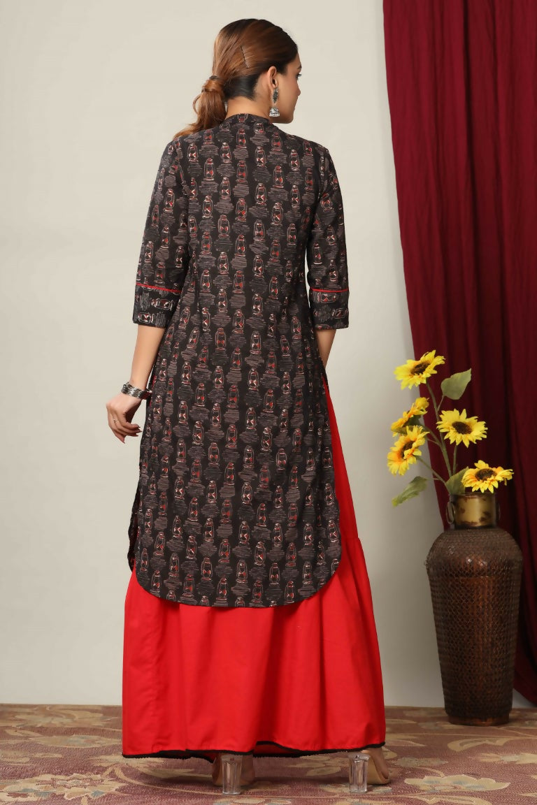 Miravan Women's Black Printed Pure Cotton Kurta With Skirt